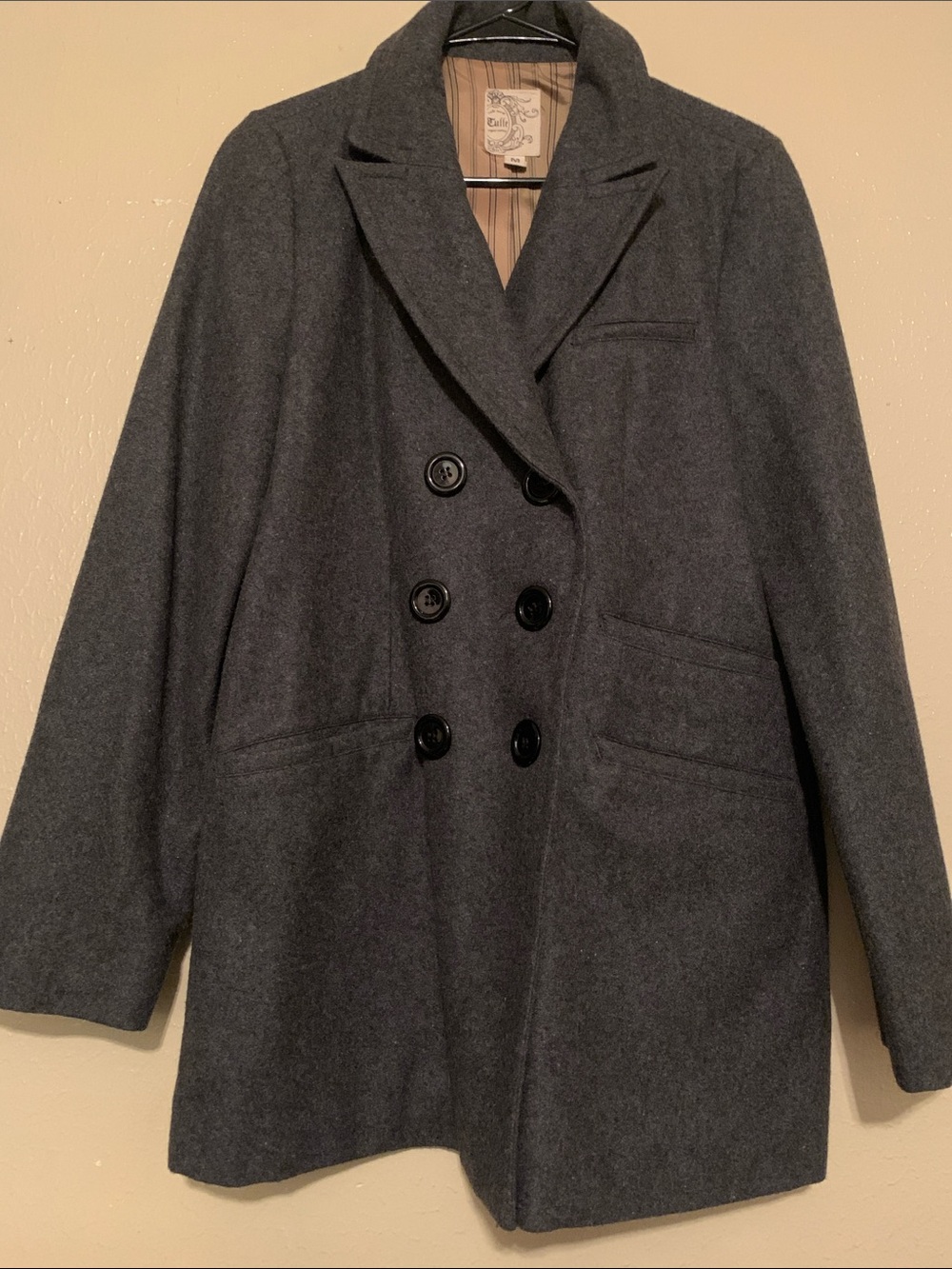 Tulle Wool Blend Double-Breasted Charcoal Gray Pea Coat (M)